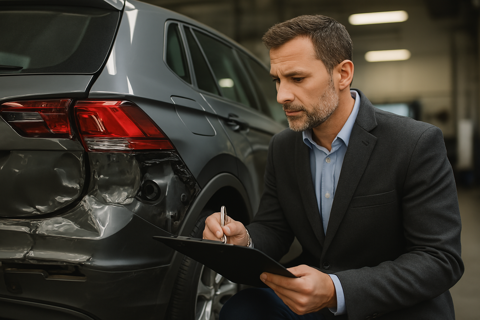 KFZ-Gutachter analysiert ein beschädigtes Auto mit einem Klemmbrett in der Hand